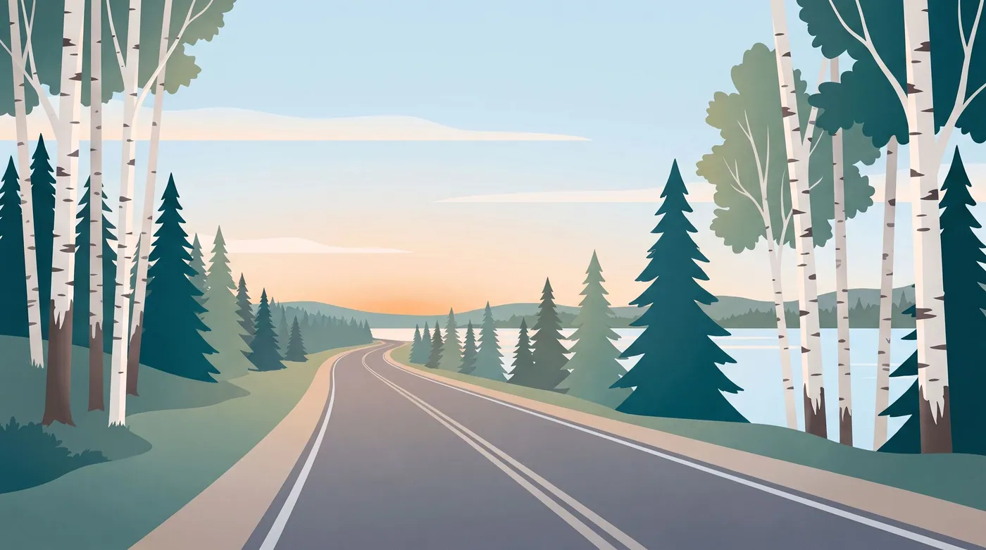 Two-lane highway through birch trees beside a lake
