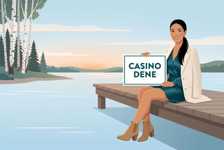Woman on a lake dock holding a Casino Dene sign