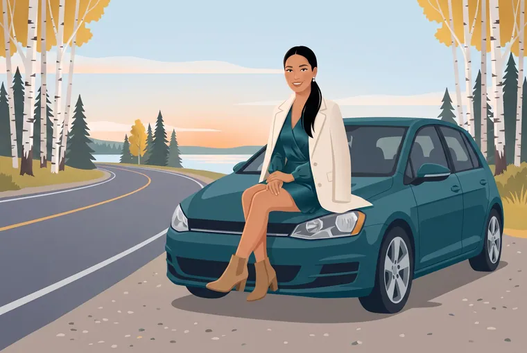 Woman on a car bonnet by a lakeland highway