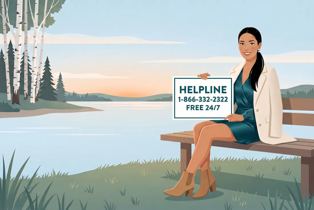 Woman on a lakeside bench holding a helpline card